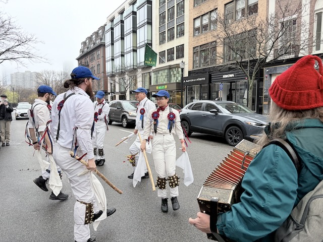 Newtowne Morris performing Stanton Harcourt Nightingale on Newbury Street in front of Emmanuel Church, dancers in whites, suspenders, and blue caps holding sticks to their sides in two lines as they turn to face each other, with the musician wearing a red knit cap and holding a melodeon in the foreground.