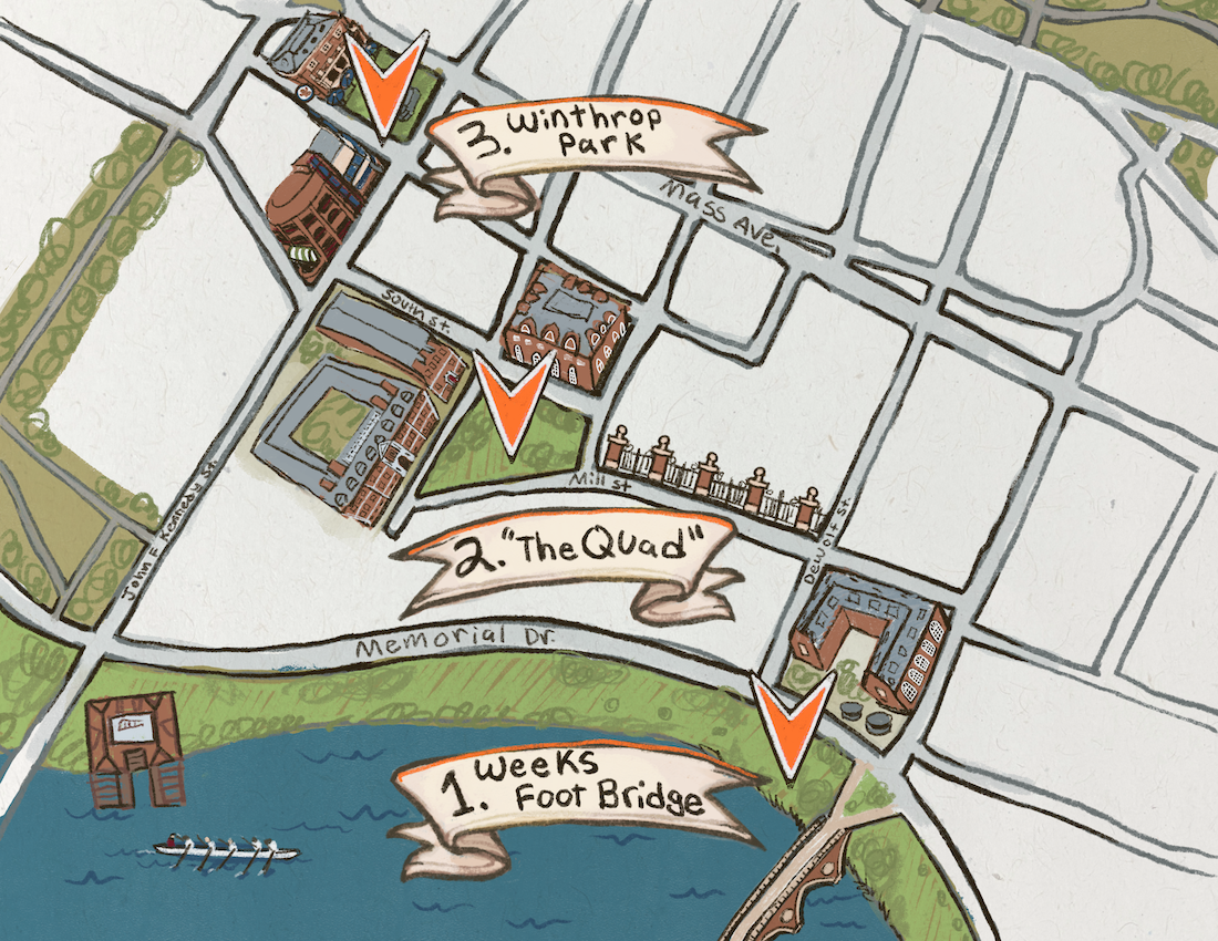 Street map of Cambridge between the Winthrop Park on the upper left and Weeks Footbridge on the bottom right, with the charles River along the bottom.